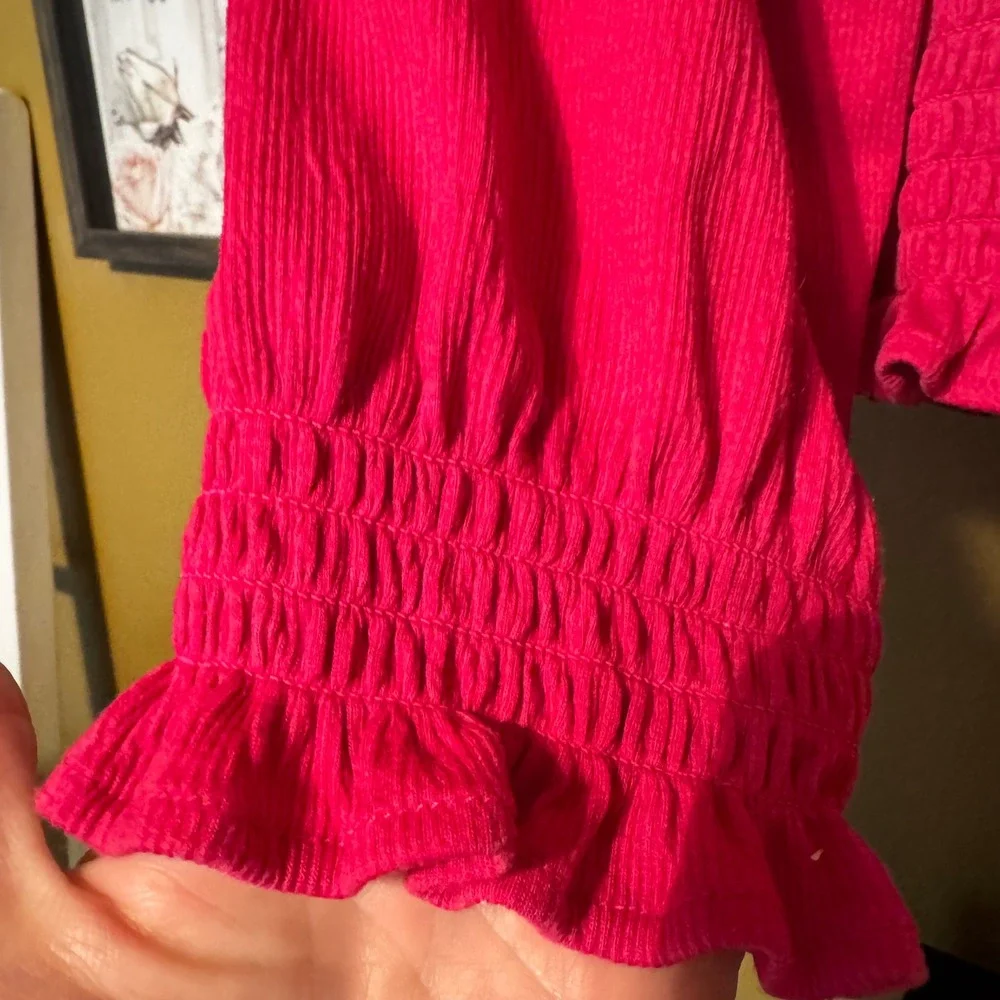 Free People Magenta Smocked Puff Sleeve Crop Top Square Neck OB931386 Pink Med